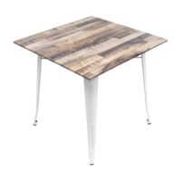 800mm Square Rustic Maple Sliq Isotop Table Top with White Tolix Base